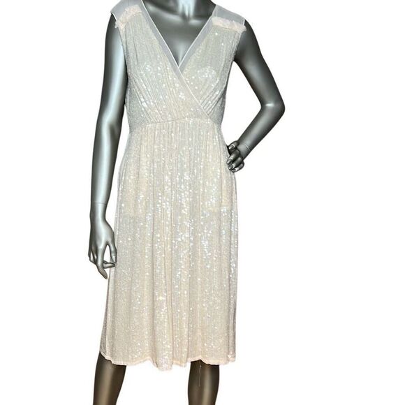 French Connection Sequin Midi Dress Cream Sleeveless V-Neck Size 0 (028) - Picture 1 of 16